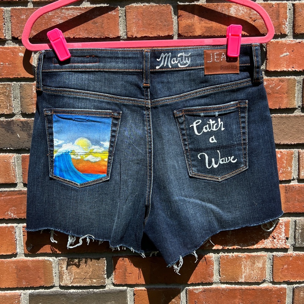 NWOT Jean Shop Hand-Painted Jorts with Catch a Wave Design